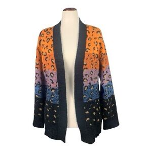 Leopard Print Colorblock Cardigan Sweater Bold Animal Print Urban Size Small